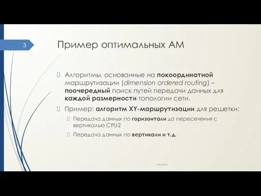 Пример оптимальных АМ Алгоритмы, основанные на покоординатной маршрутизации (dimension ordered routing)