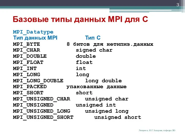 Базовые типы данных MPI для С MPI_Datatype Тип данных MPI Тип