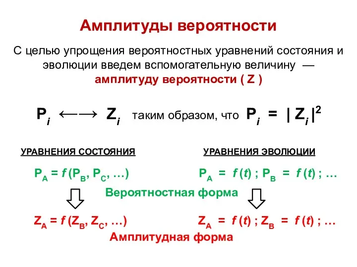 Амплитуды вероятности С целью упрощения вероятностных уравнений состояния и эволюции введем