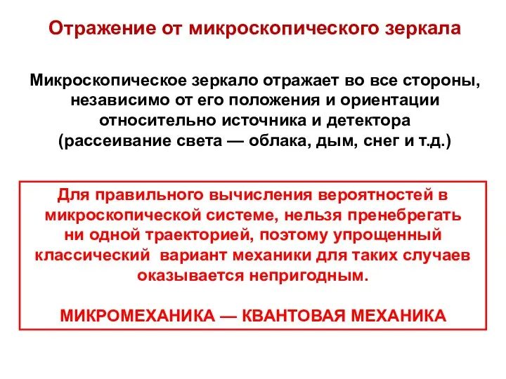 Отражение от микроскопического зеркала Микроскопическое зеркало отражает во все стороны, независимо