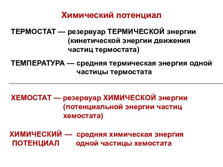 Химический потенциал ХЕМОСТАТ — резервуар ХИМИЧЕСКОЙ энергии (потенциальной энергии частиц хемостата)