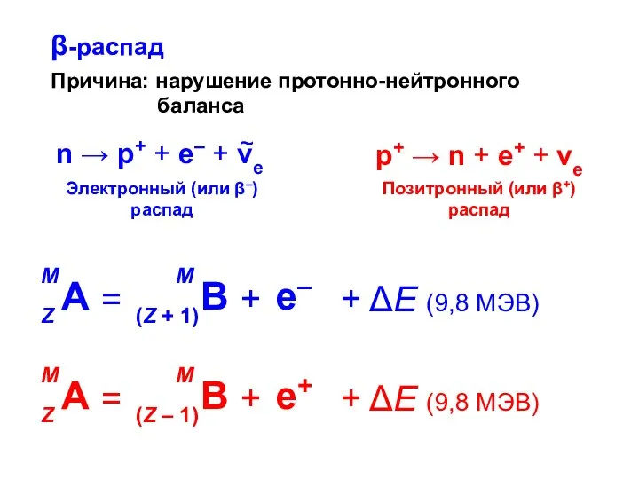 β-распад Причина: нарушение протонно-нейтронного баланса