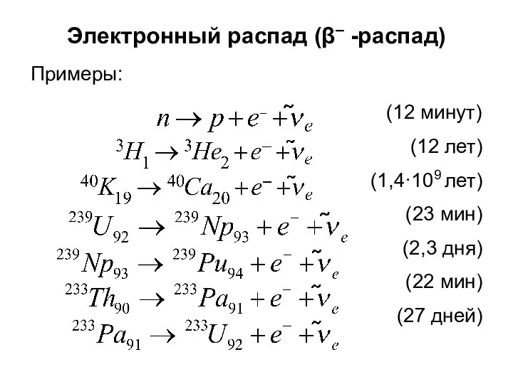 Электронный распад (β– -распад) Примеры: (12 минут) (12 лет) (1,4·109 лет)