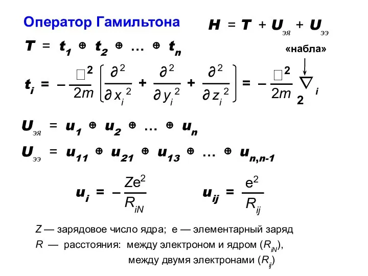 Оператор Гамильтона H = T + Uэя + Uээ T =