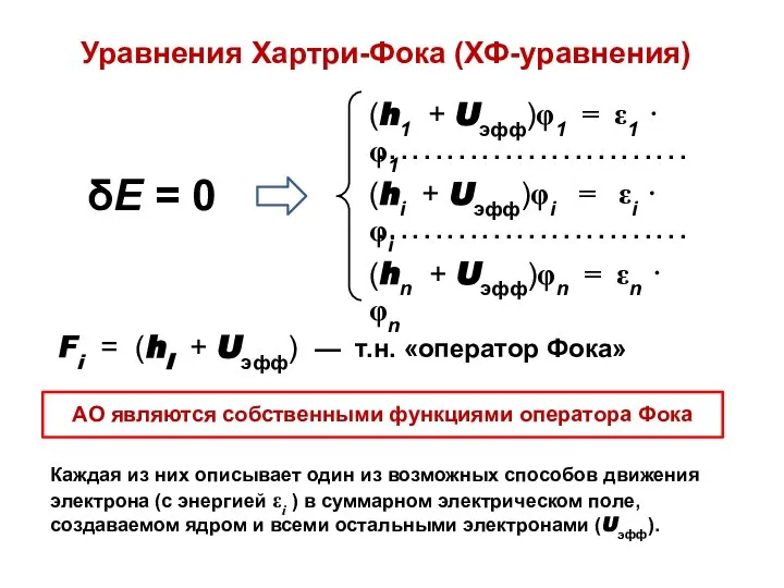 Уравнения Хартри-Фока (ХФ-уравнения) δЕ = 0 Fi = (hi + Uэфф)