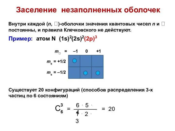 Заселение незаполненных оболочек Внутри каждой (n, )-оболочки значения квантовых чисел n