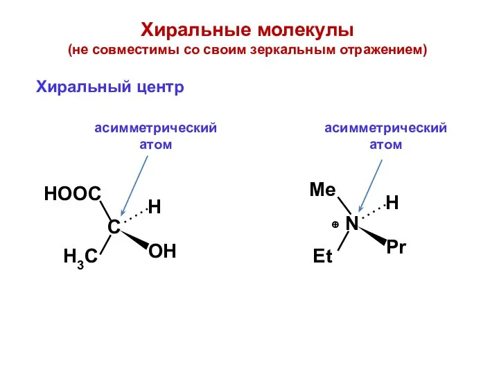 Хиральные молекулы (не совместимы со своим зеркальным отражением) Хиральный центр