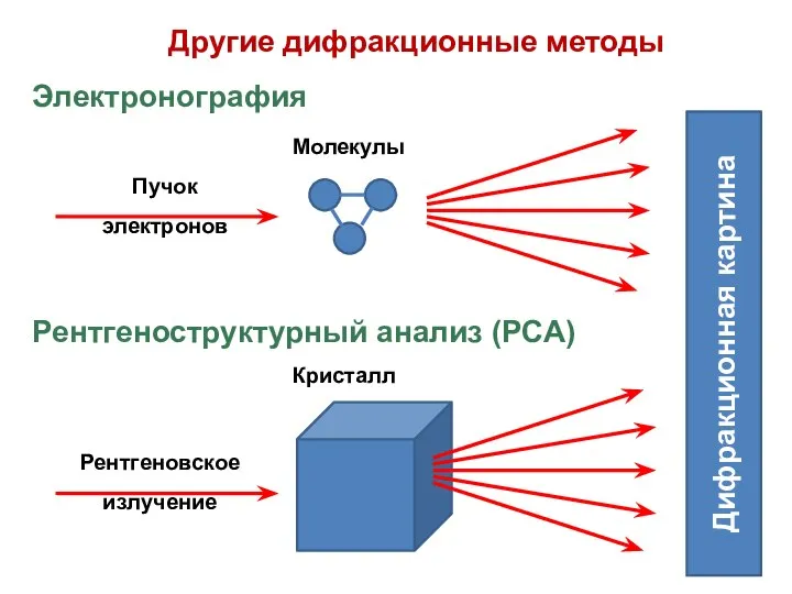 Другие дифракционные методы Электронография Дифракционная картина Рентгеноструктурный анализ (РСА)