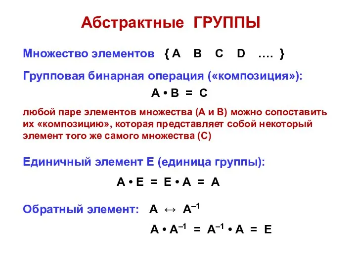 Абстрактные ГРУППЫ Множество элементов { A B C D …. }