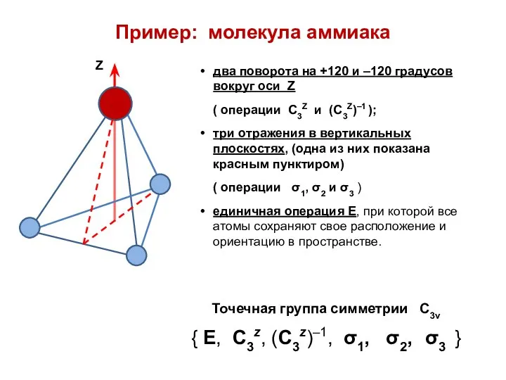 Пример: молекула аммиака два поворота на +120 и –120 градусов вокруг