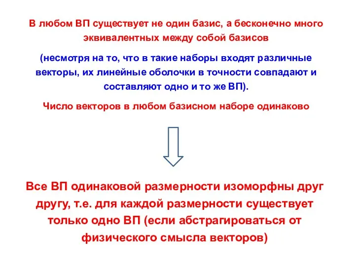 В любом ВП существует не один базис, а бесконечно много эквивалентных