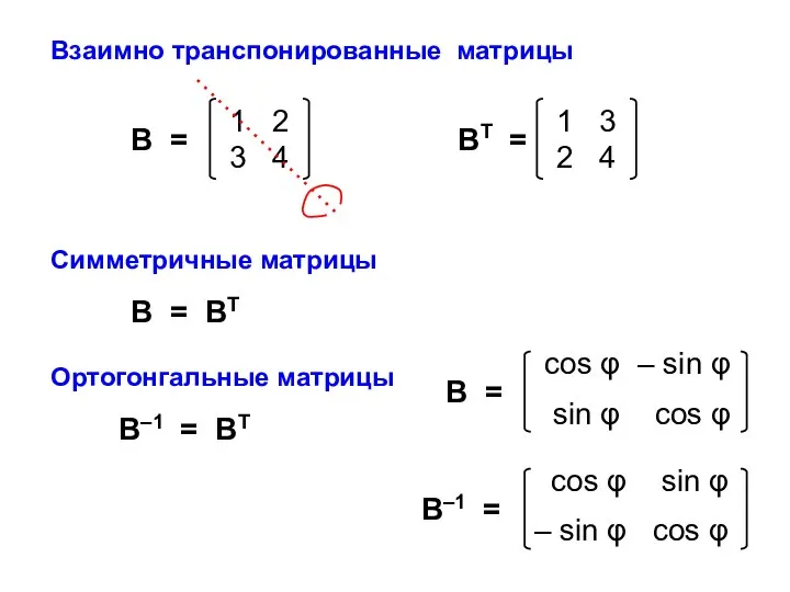 Взаимно транспонированные матрицы Симметричные матрицы В–1 = ВТ В = ВТ Ортогонгальные матрицы