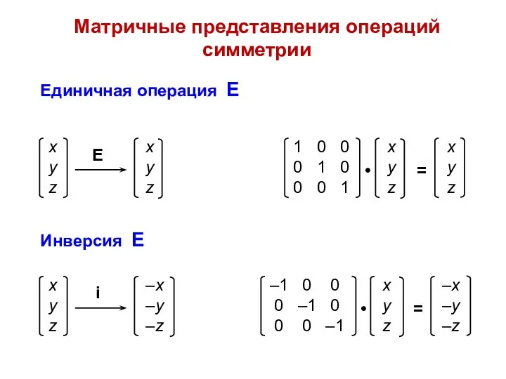 Матричные представления операций симметрии Единичная операция E Инверсия E