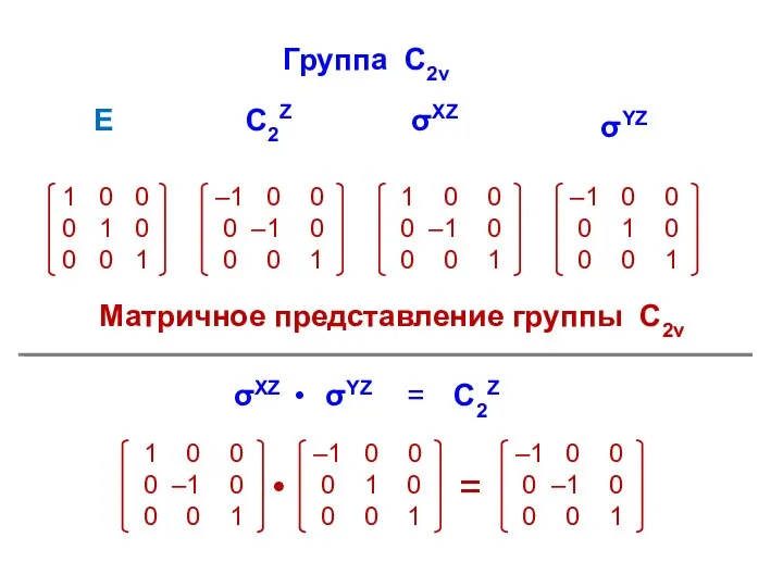 Матричное представление группы С2v E C2Z Группа С2v σXZ σYZ