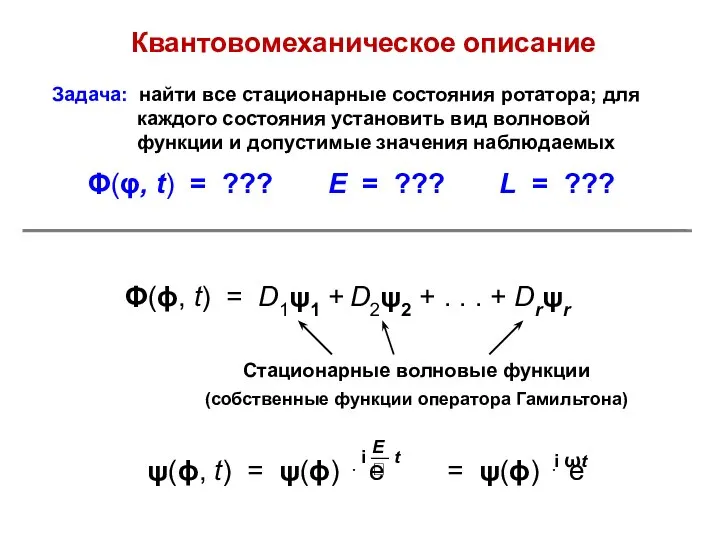 Квантовомеханическое описание Задача: найти все стационарные состояния ротатора; для каждого состояния