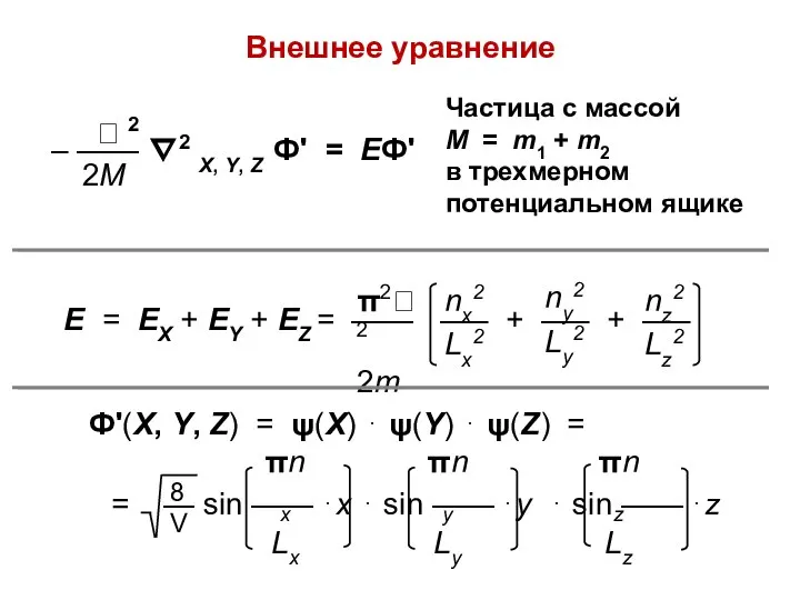 Внешнее уравнение Частица с массой M = m1 + m2 в трехмерном потенциальном ящике