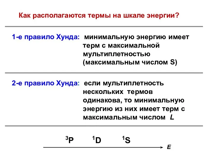 Как располагаются термы на шкале энергии? 3P 1D 1S E