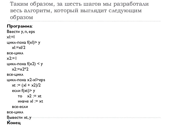 Таким образом, за шесть шагов мы разработали весь алгоритм, который выглядит