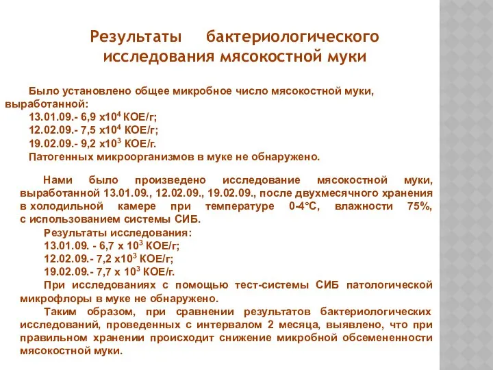 Результаты бактериологического исследования мясокостной муки Было установлено общее микробное число мясокостной