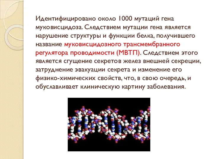 Идентифицировано около 1000 мутаций гена муковисцидоза. Следствием мутации гена является нарушение
