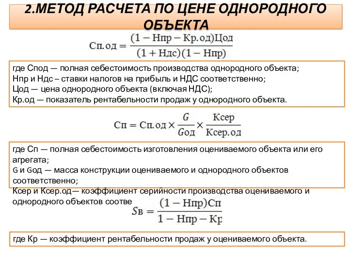 2.МЕТОД РАСЧЕТА ПО ЦЕНЕ ОДНОРОДНОГО ОБЪЕКТА где Спод — полная себестоимость