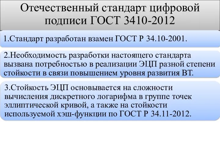 Отечественный стандарт цифровой подписи ГОСТ 3410-2012 1.Стандарт разработан взамен ГОСТ Р