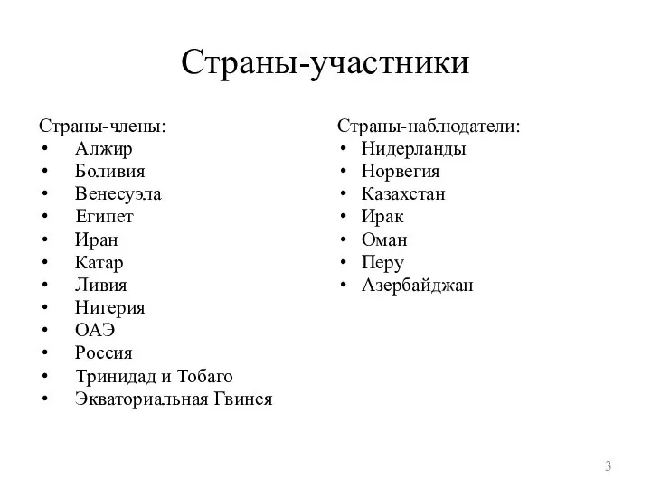 Страны-участники Страны-члены: Алжир Боливия Венесуэла Египет Иран Катар Ливия Нигерия ОАЭ