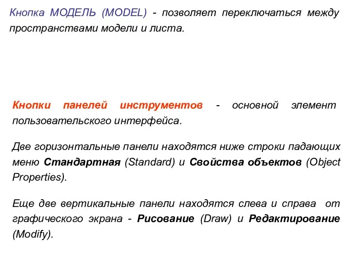 Кнопка МОДЕЛЬ (MODEL) - позволяет переключаться между пространствами модели и листа.