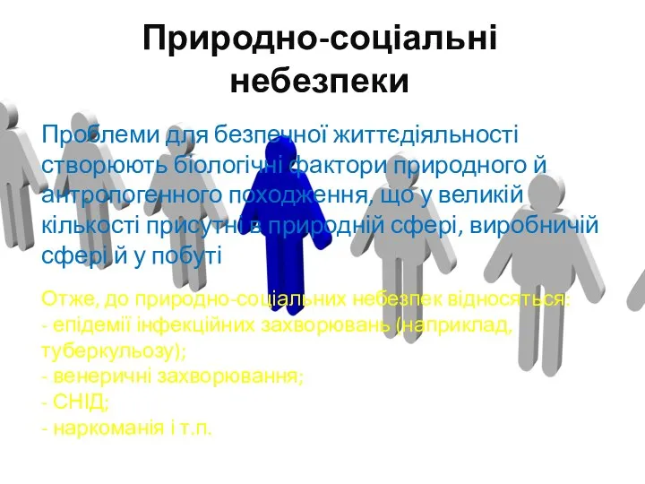 Природно-соціальні небезпеки Проблеми для безпечної життєдіяльності створюють біологічні фактори природного й