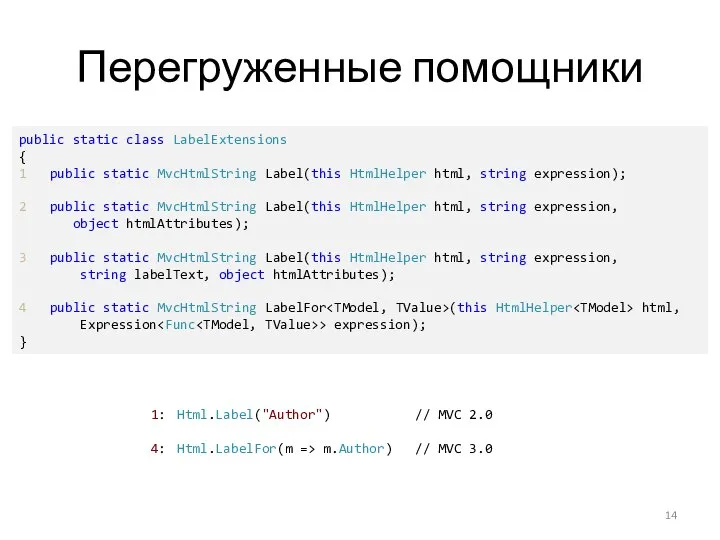 Перегруженные помощники public static class LabelExtensions { 1 public static MvcHtmlString