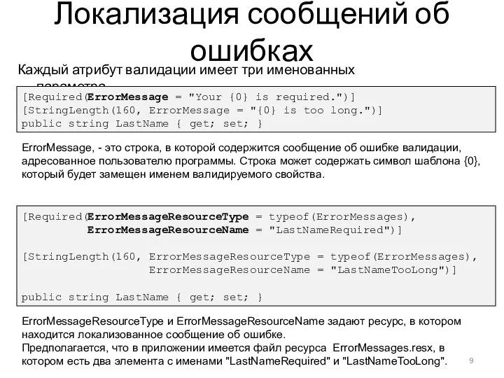 Локализация сообщений об ошибках Каждый атрибут валидации имеет три именованных параметра