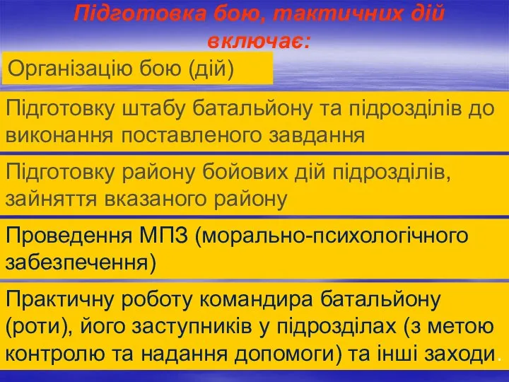 Підготовка бою, тактичних дій включає: Організацію бою (дій) Підготовку штабу батальйону