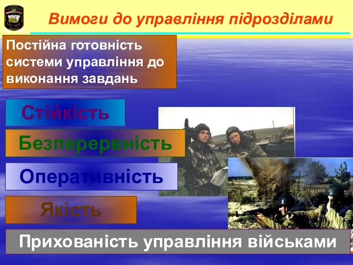 Вимоги до управління підрозділами Стійкість Безперервність Оперативність Якість Постійна готовність системи