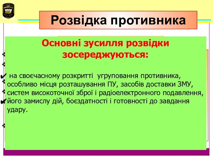 встановити його наміри та замисел дій; виявити бойовий склад, належність, положення,