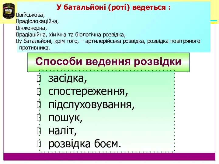 Способи ведення розвідки засідка, спостереження, підслуховування, пошук, наліт, розвідка боєм. У