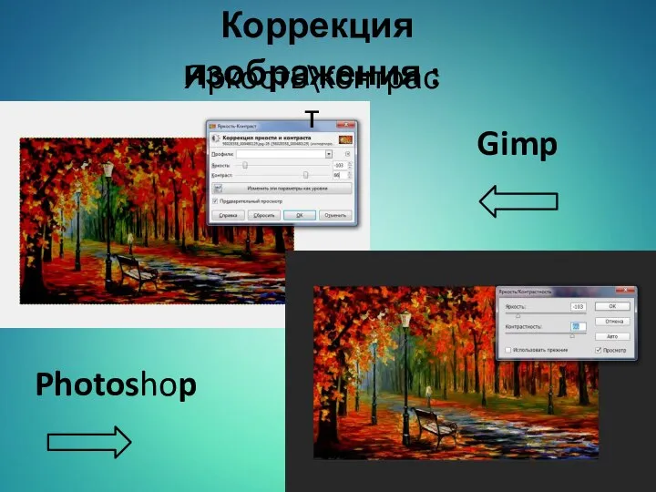 Коррекция изображения : Яркость\контраст Gimp Photoshop