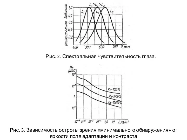 Рис. 2. Спектральная чувствительность глаза. Рис. 3. Зависимость остроты зрения «минимального