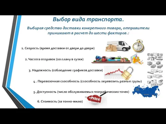 Выбор вида транспорта. Выбирая средство доставки конкретного товара, отправители принимают в