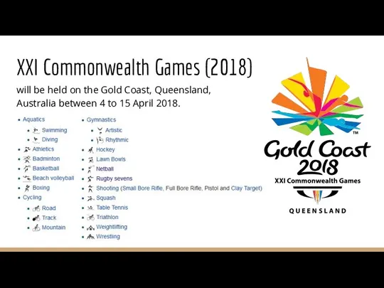 XXI Commonwealth Games (2018) will be held on the Gold Coast,