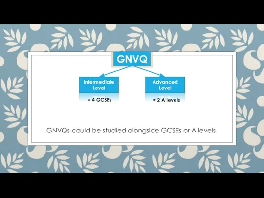 GNVQ Advanced Level Intermediate Level = 4 GCSEs = 2 A