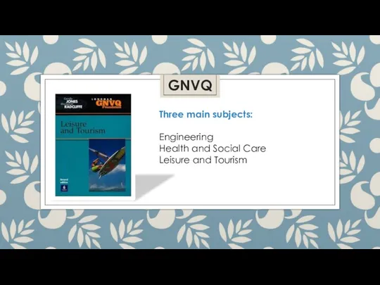 Three main subjects: Engineering Health and Social Care Leisure and Tourism GNVQ