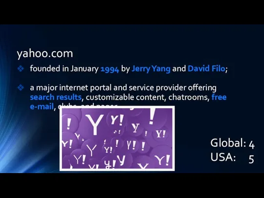 yahoo.com founded in January 1994 by Jerry Yang and David Filo;