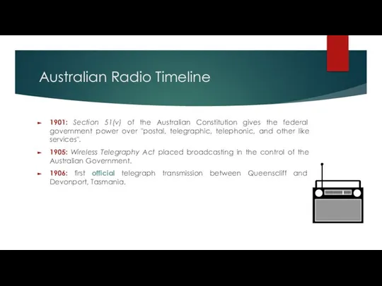 Australian Radio Timeline 1901: Section 51(v) of the Australian Constitution gives