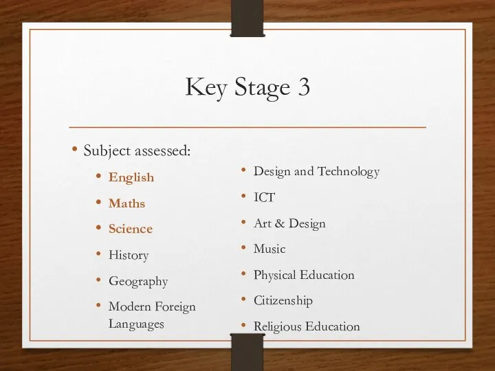 Key Stage 3 Subject assessed: English Maths Science History Geography Modern