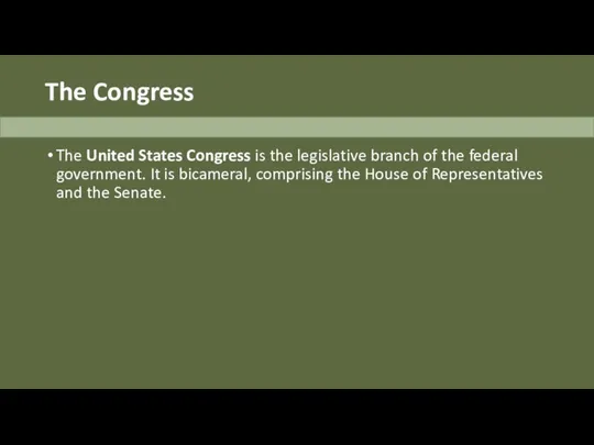 The Congress The United States Congress is the legislative branch of