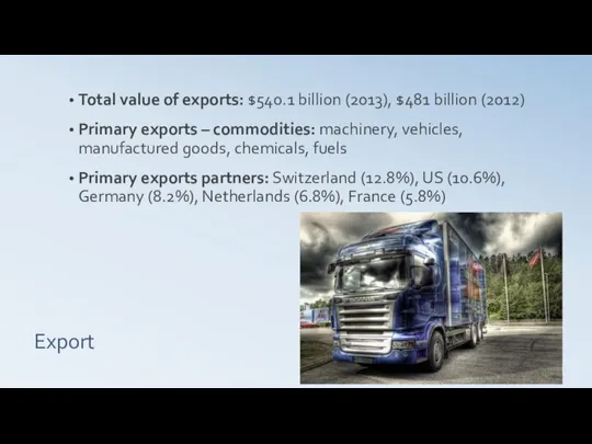 Export Total value of exports: $540.1 billion (2013), $481 billion (2012)