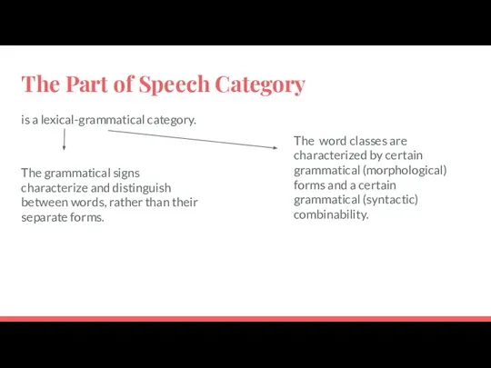 The Part of Speech Category is a lexical-grammatical category. The word