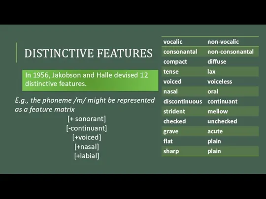 DISTINCTIVE FEATURES In 1956, Jakobson and Halle devised 12 distinctive features.