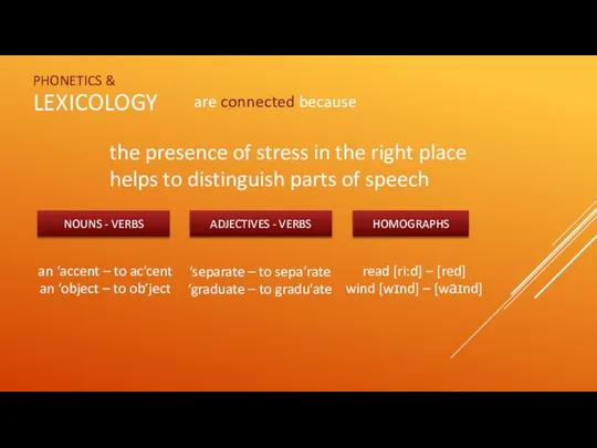 PHONETICS & LEXICOLOGY are connected because the presence of stress in