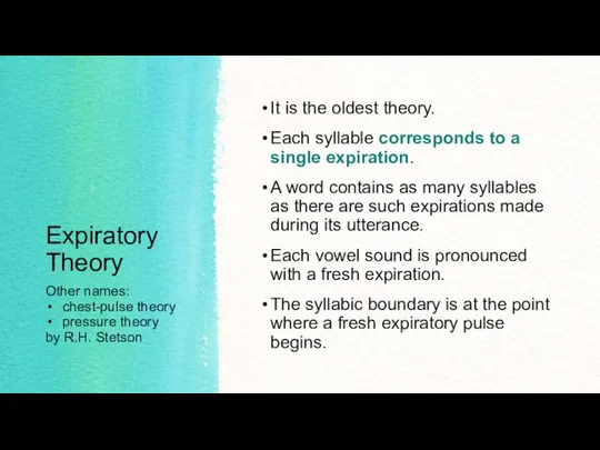 Expiratory Theory It is the oldest theory. Each syllable corresponds to